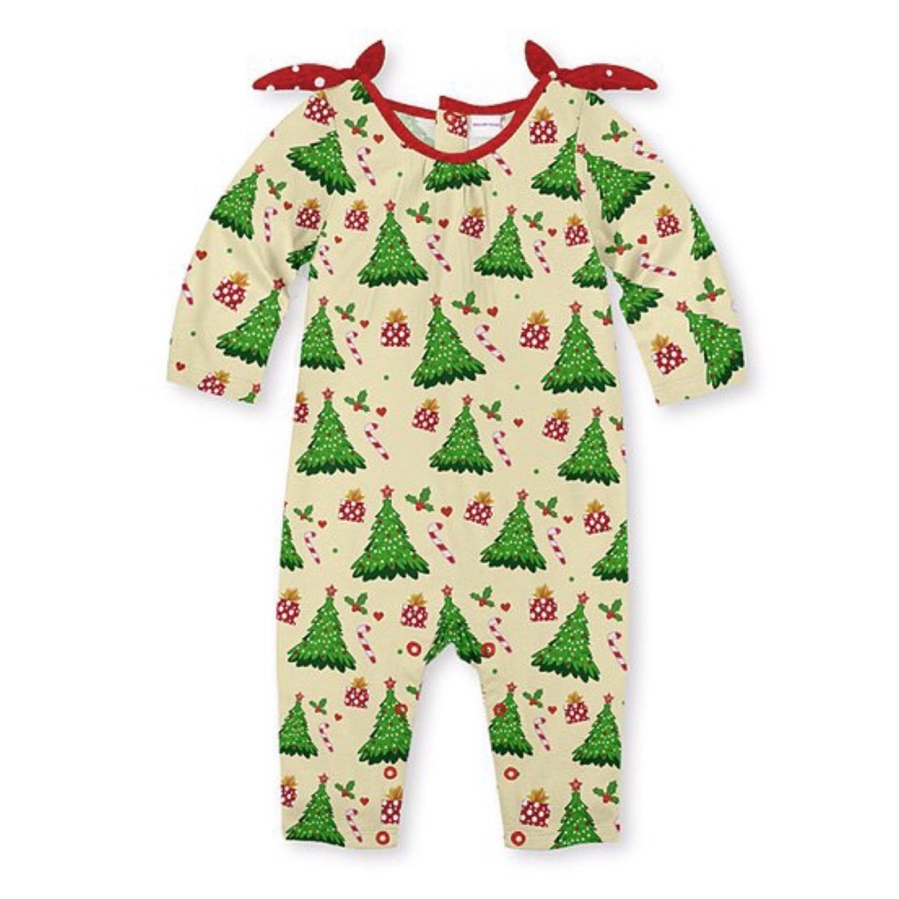 PENELOPE PLUMM Christmas Tree & Candy Canes Bow-Shoulder Pajama Romper Size 18M
